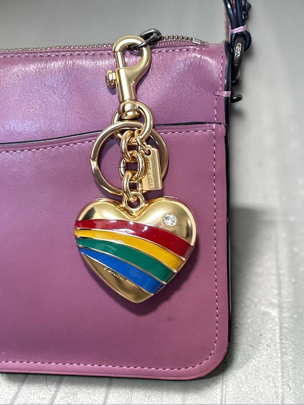 COACH Rainbow Heart w/Crystal Bag Charm Key Ring NWT